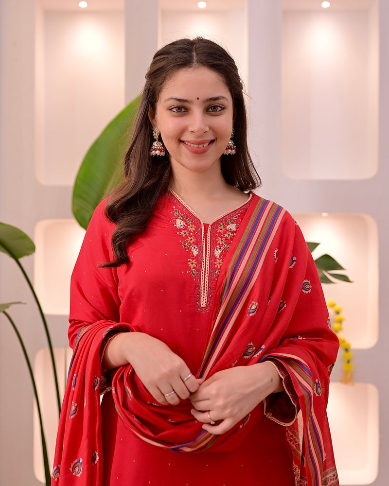 Ruhani Red Threadwork Cotton Palazzo Suit