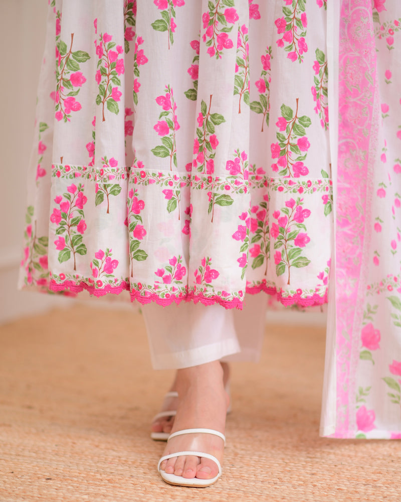 Pink Ivory Floral Garden Cotton A Line Suit