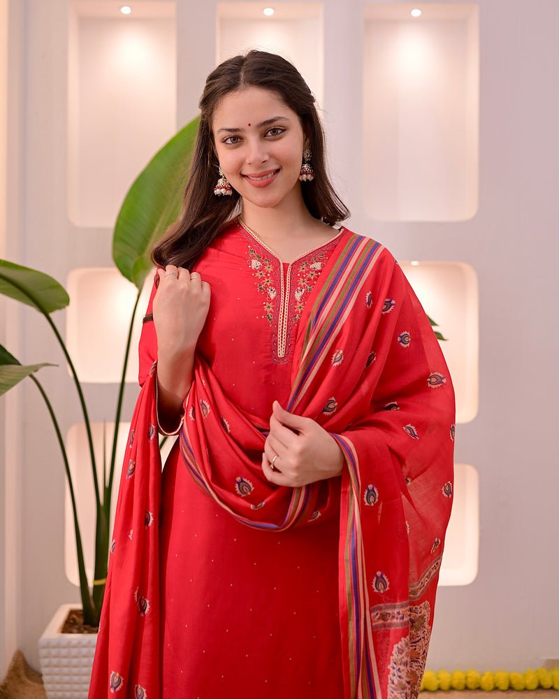 Ruhani Red Threadwork Cotton Palazzo Suit