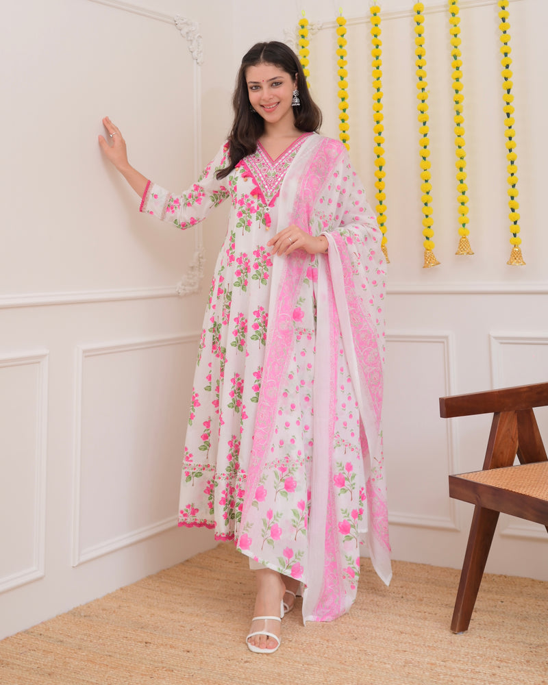 Pink Ivory Floral Garden Cotton A Line Suit