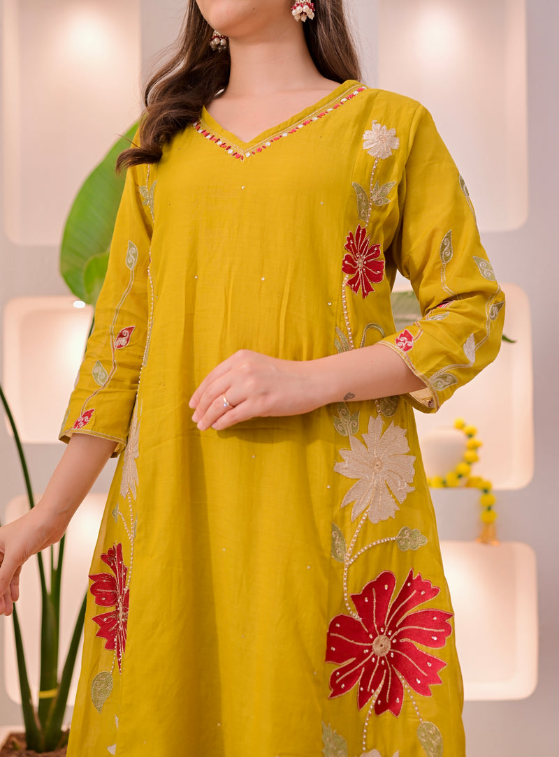 Mustard Mehfil Mul Chanderi A Line Threadwork Suit