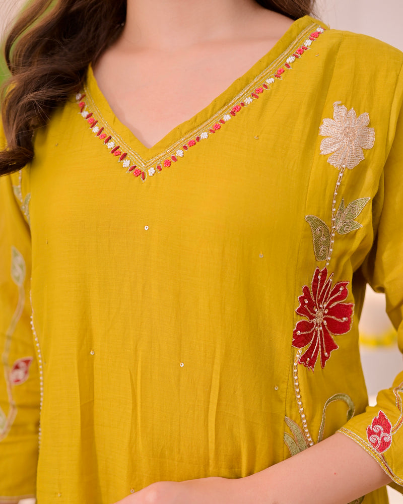 Mustard Mehfil Mul Chanderi A Line Threadwork Suit