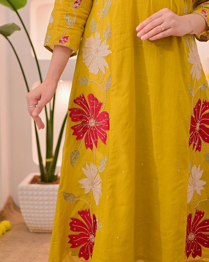 Mustard Mehfil Mul Chanderi A Line Threadwork Suit