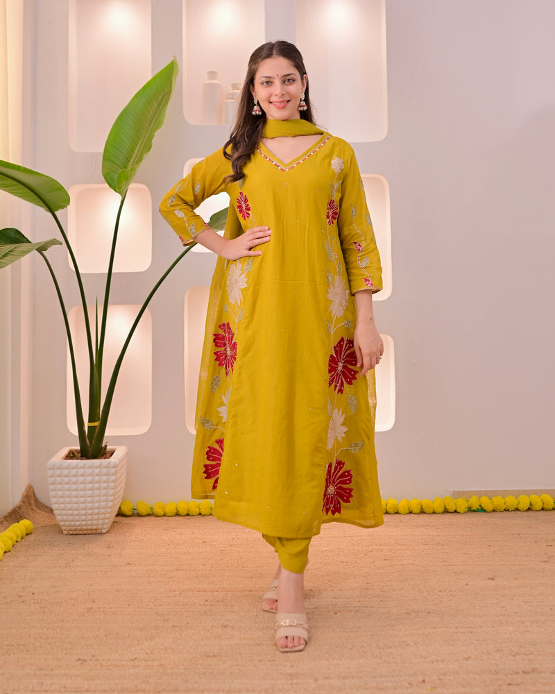 Mustard Mehfil Mul Chanderi A Line Threadwork Suit