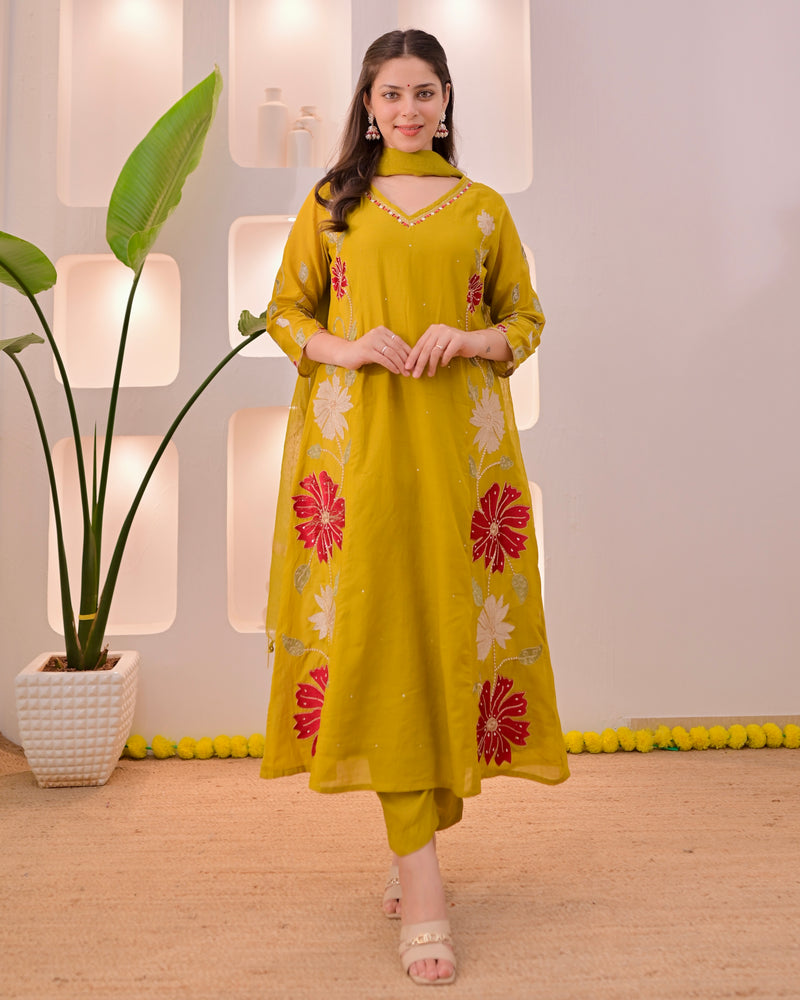Mustard Mehfil Mul Chanderi A Line Threadwork Suit