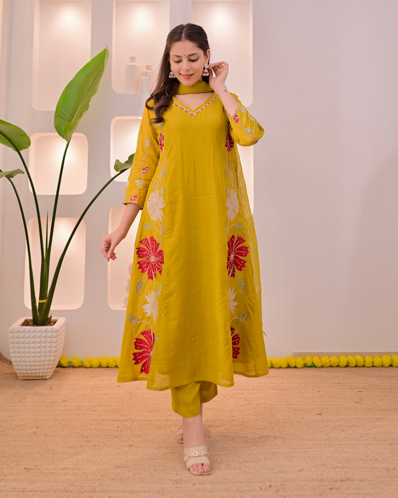 Mustard Mehfil Mul Chanderi A Line Threadwork Suit