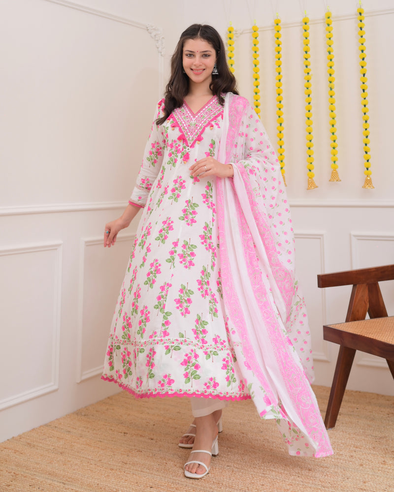 Pink Ivory Floral Garden Cotton A Line Suit