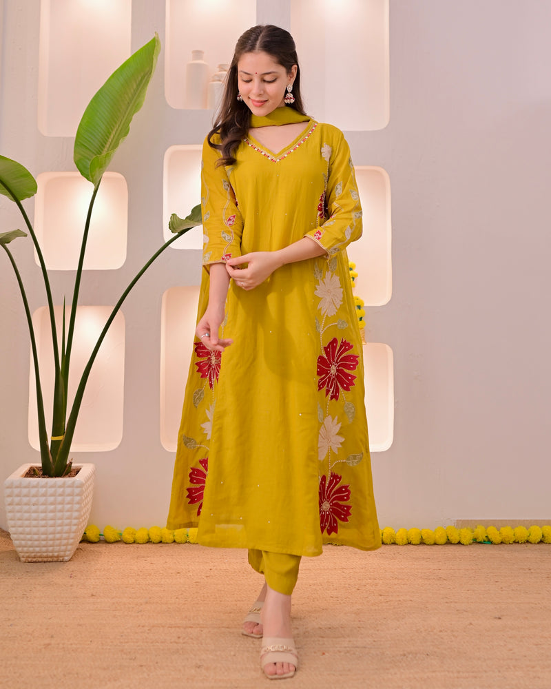 Mustard Mehfil Mul Chanderi A Line Threadwork Suit