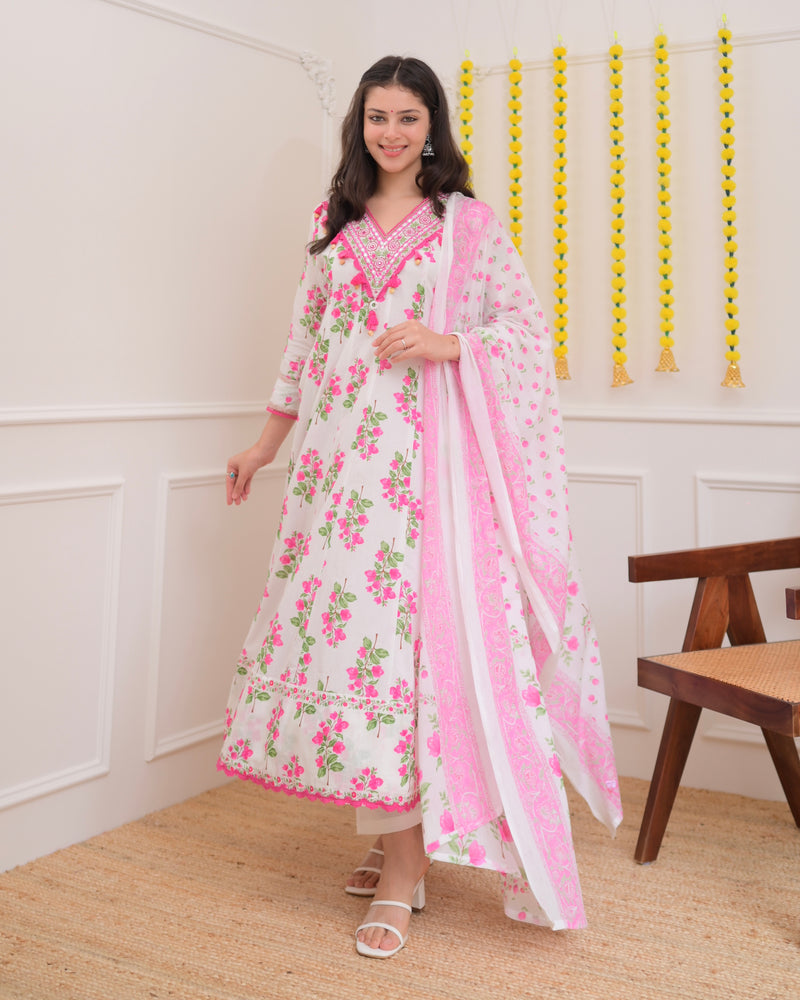 Pink Ivory Floral Garden Cotton A Line Suit