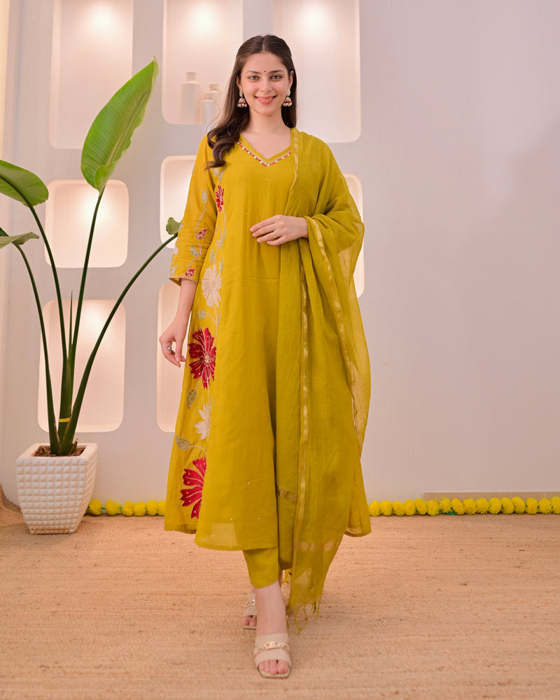 Mustard Mehfil Mul Chanderi A Line Threadwork Suit