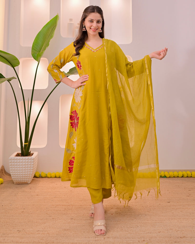 Mustard Mehfil Mul Chanderi A Line Threadwork Suit