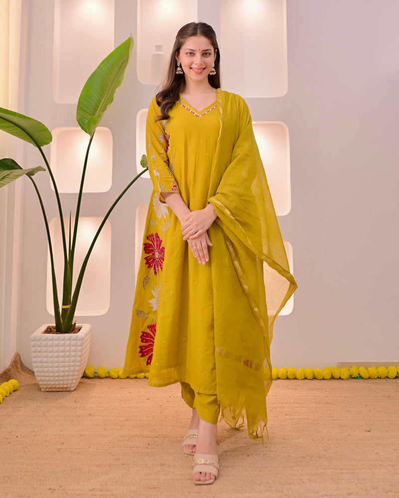 Mustard Mehfil Mul Chanderi A Line Threadwork Suit