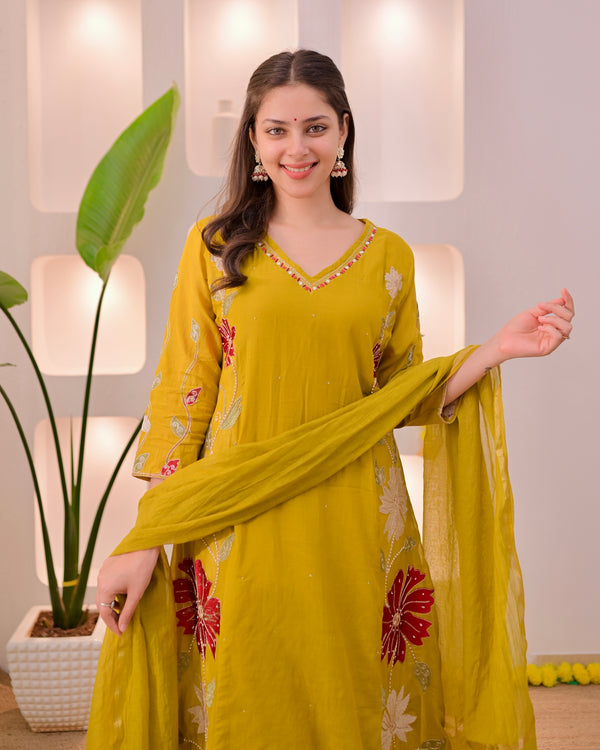 Mustard Mehfil Mul Chanderi A Line Threadwork Suit