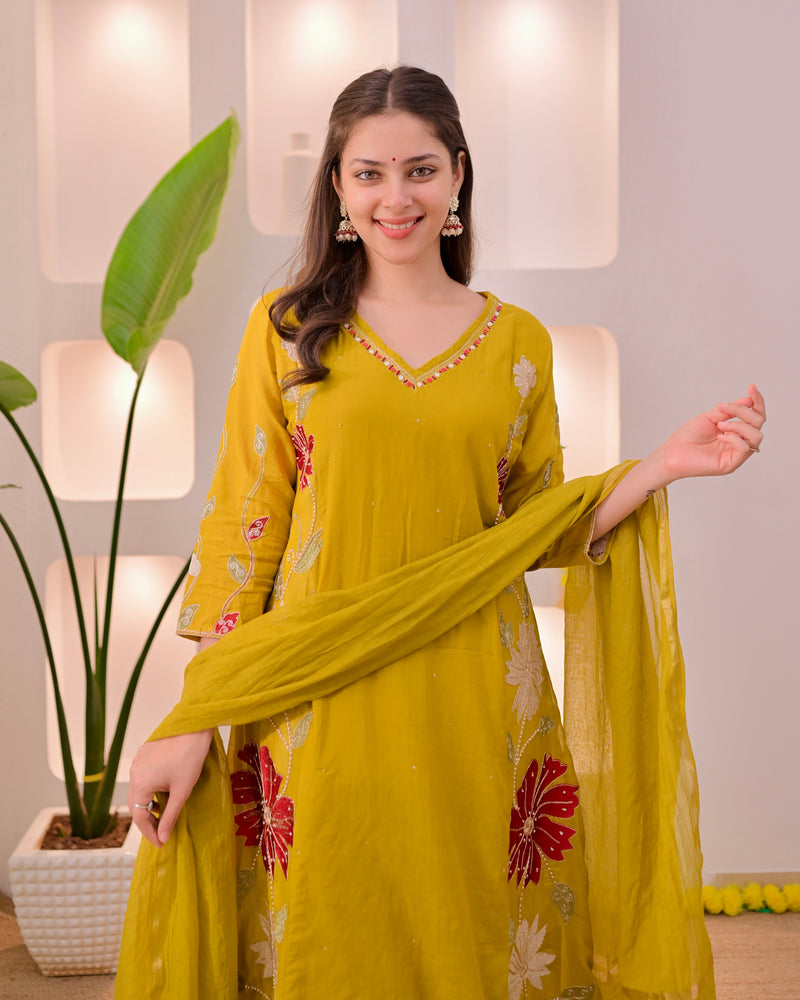 Mustard Mehfil Mul Chanderi A Line Threadwork Suit