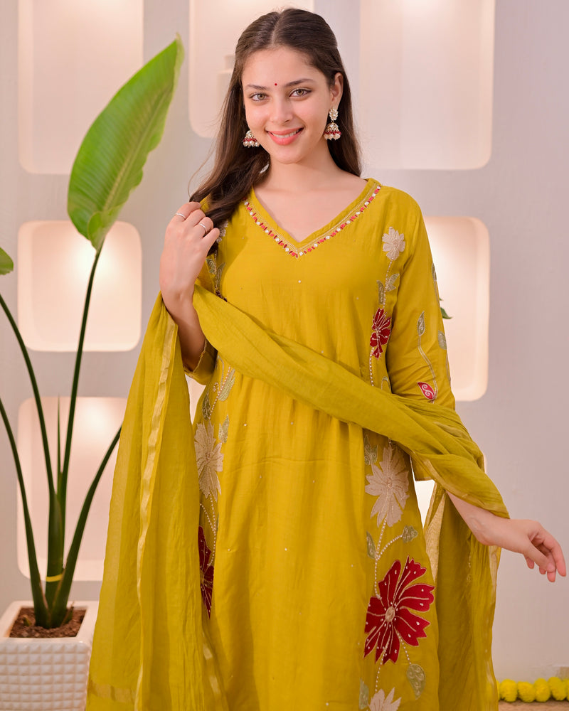 Mustard Mehfil Mul Chanderi A Line Threadwork Suit