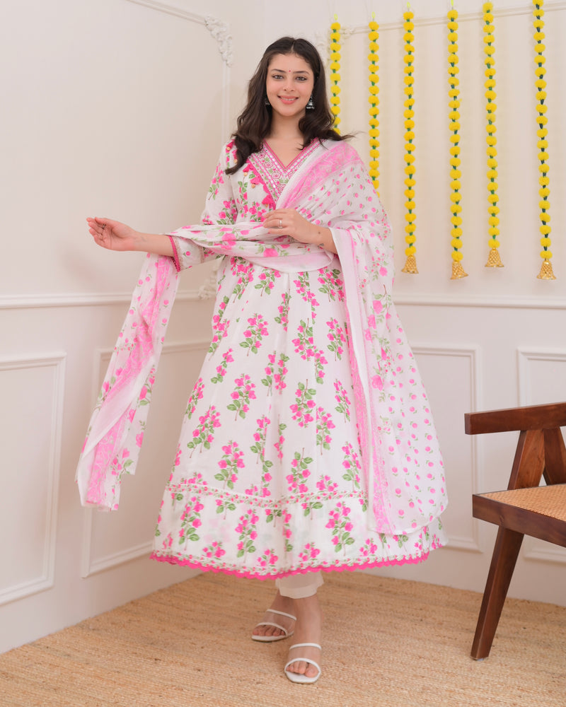 Pink Ivory Floral Garden Cotton A Line Suit