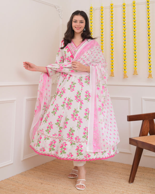 Pink Ivory Floral Garden Cotton A Line Suit