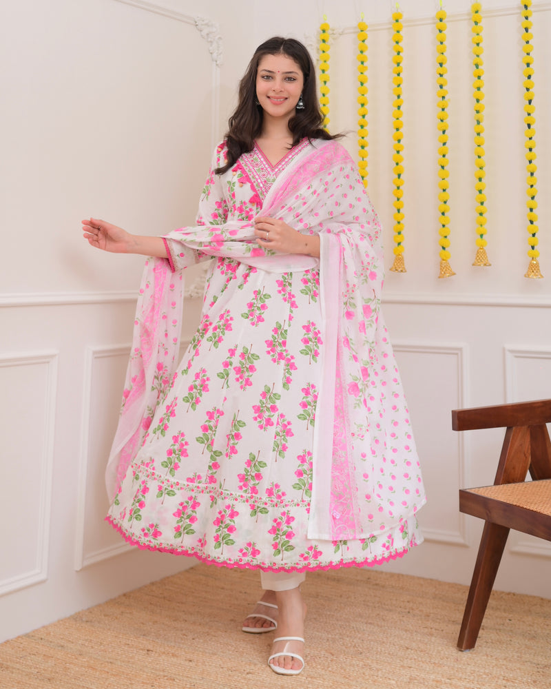 Pink Ivory Floral Garden Cotton A Line Suit