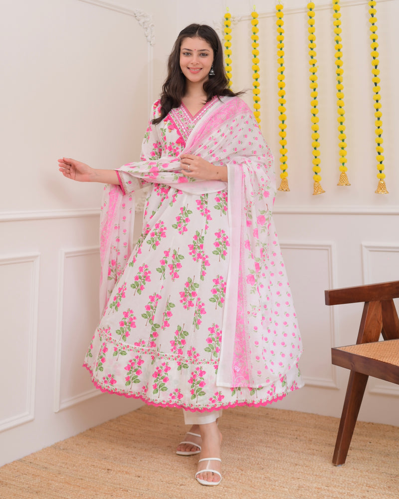 Pink Ivory Floral Garden Cotton A Line Suit