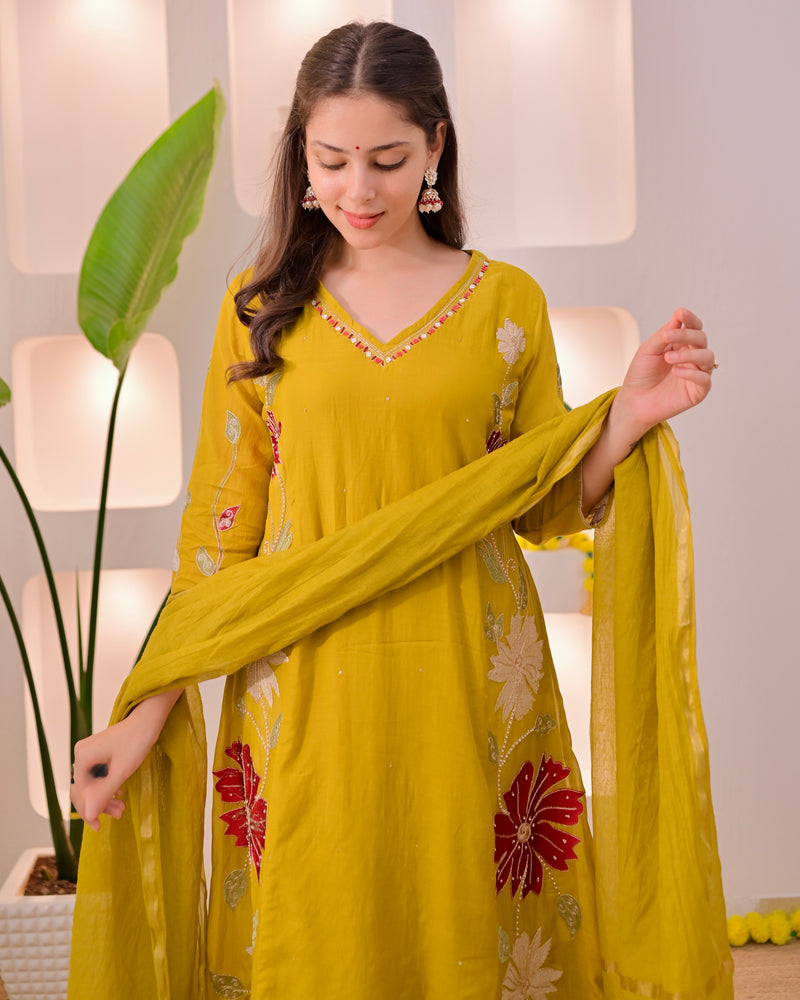 Mustard Mehfil Mul Chanderi A Line Threadwork Suit