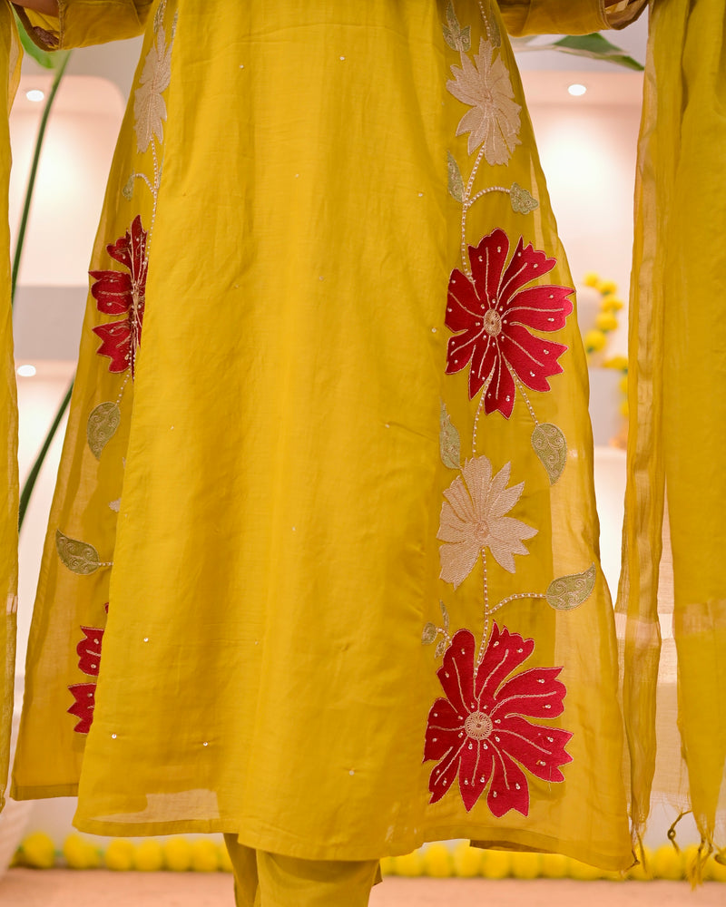 Mustard Mehfil Mul Chanderi A Line Threadwork Suit