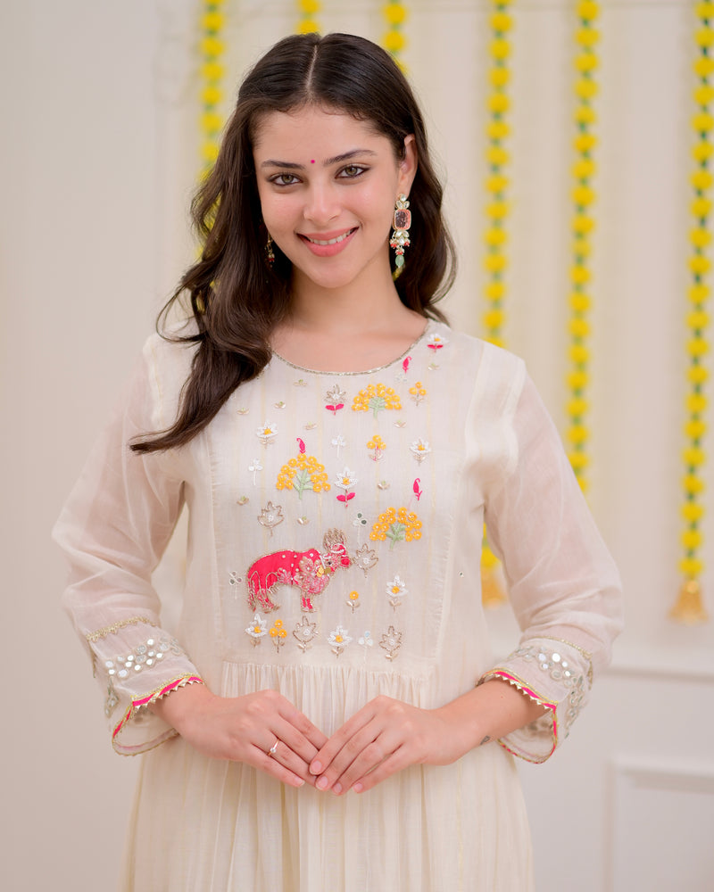 Pearl Meadow Handwork Mul Chanderi Festive Suit