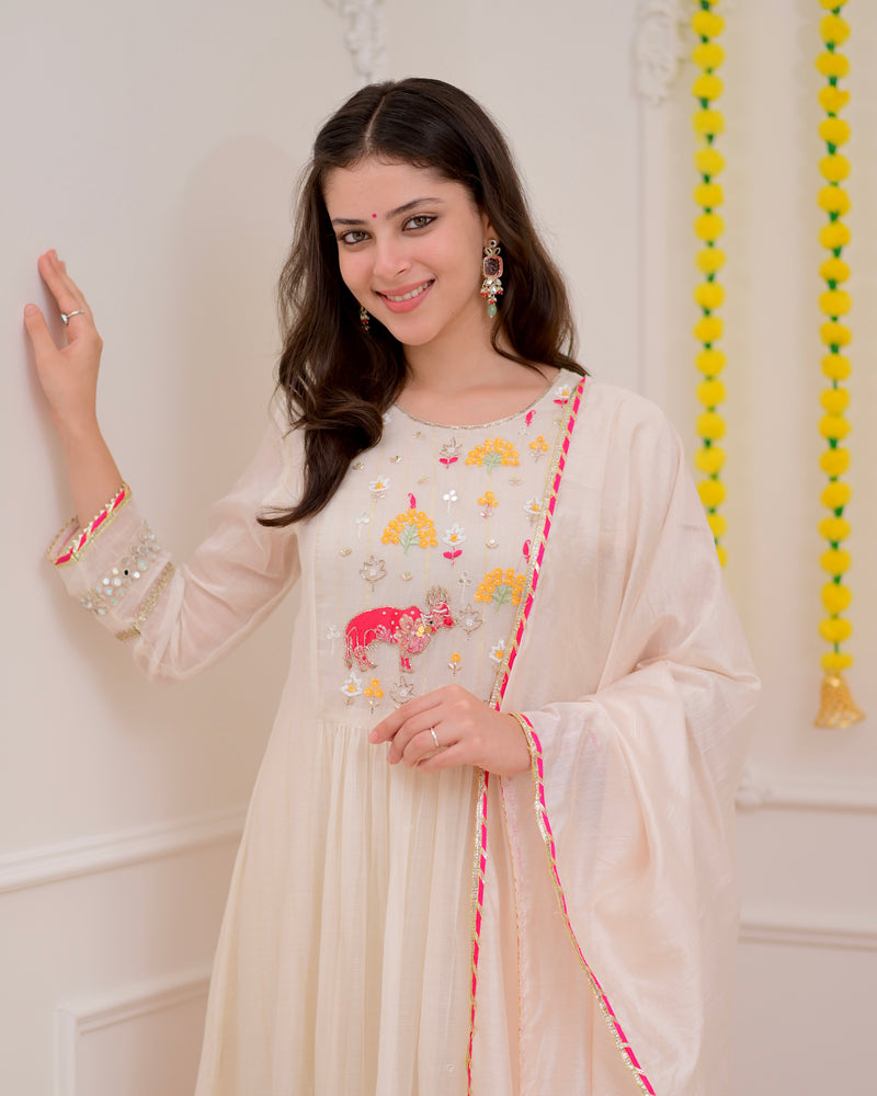 Pearl Meadow Handwork Mul Chanderi Festive Suit