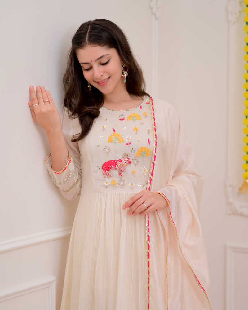 Pearl Meadow Handwork Mul Chanderi Festive Suit