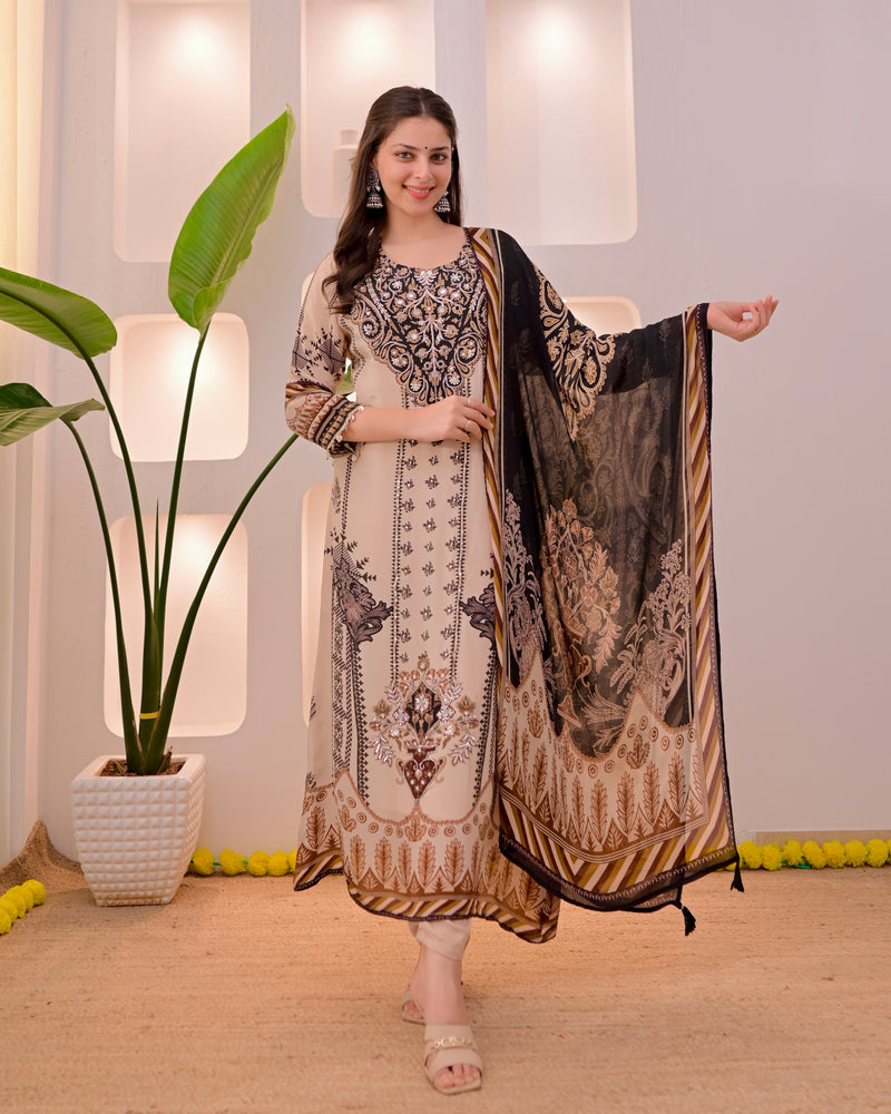 Ivory Black Noor Handwork Crepe Festive Suit