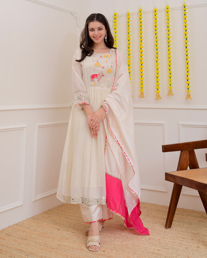 Pearl Meadow Handwork Mul Chanderi Festive Suit