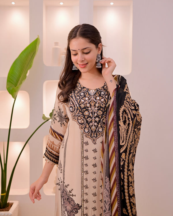 Ivory Black Noor Handwork Crepe Festive Suit