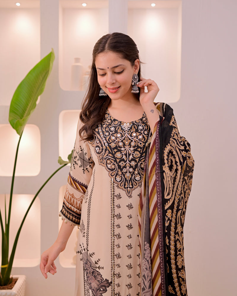 Ivory Black Noor Handwork Crepe Festive Suit