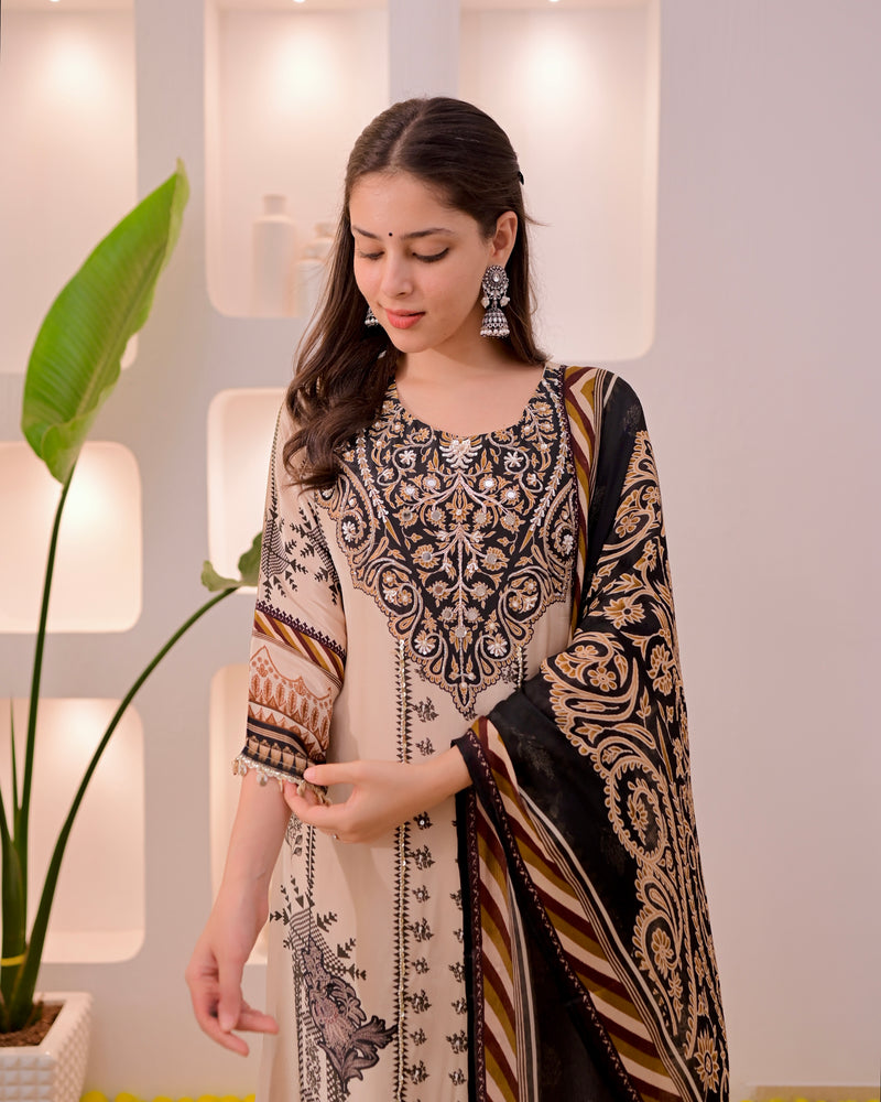Ivory Black Noor Handwork Crepe Festive Suit