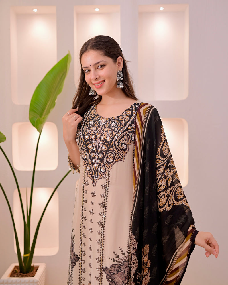 Ivory Black Noor Handwork Crepe Festive Suit