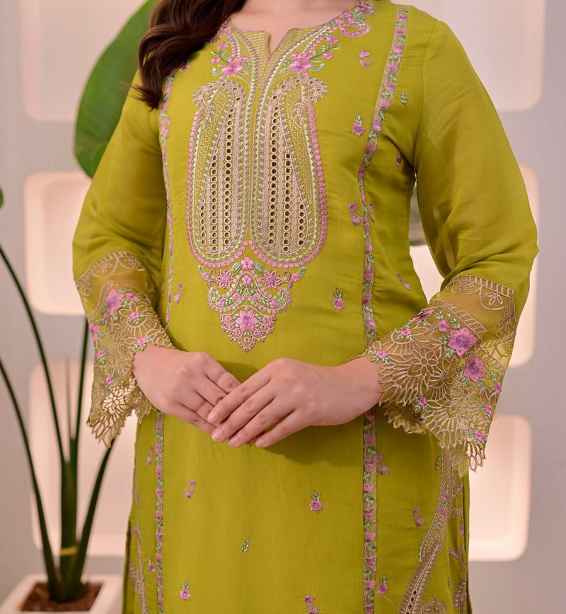 Greenish Yellow Mul Chanderi Pakistani Threadwork Suit