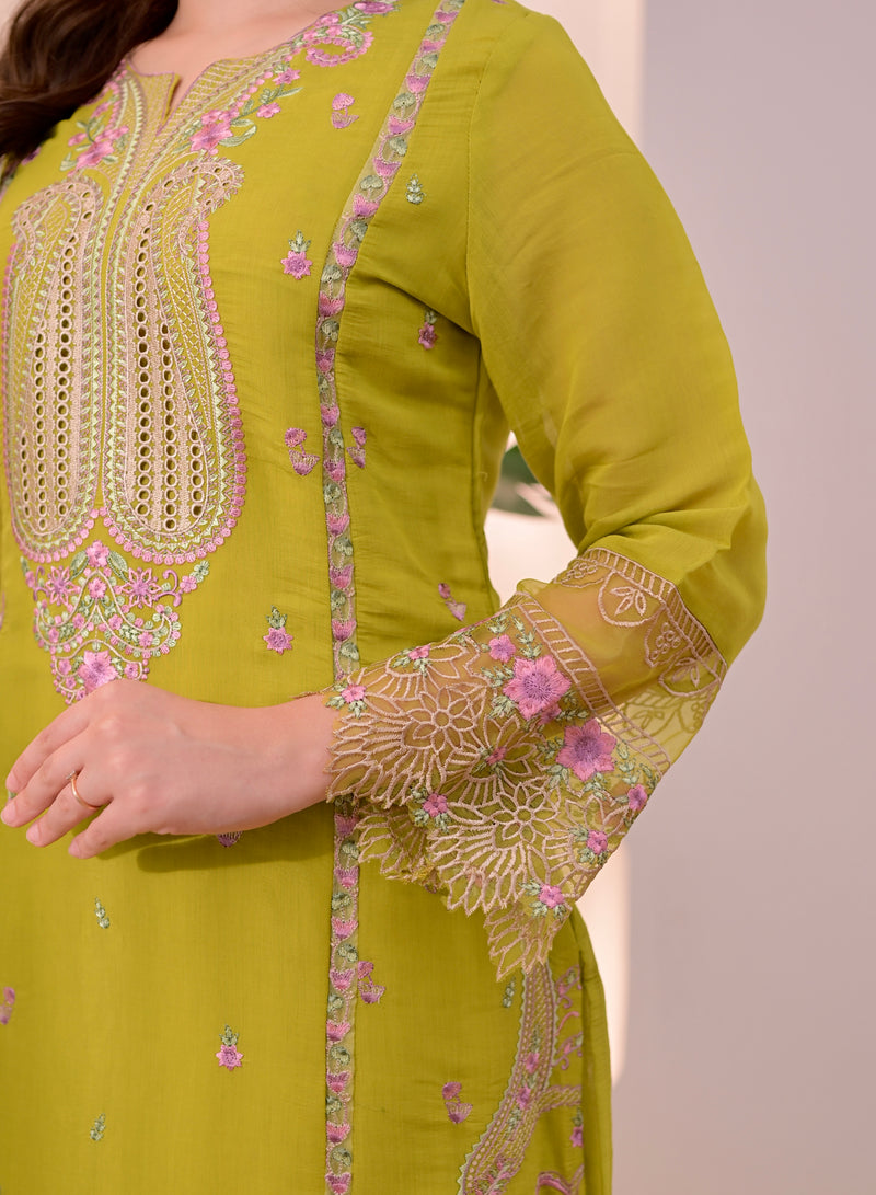 Greenish Yellow Mul Chanderi Pakistani Threadwork Suit