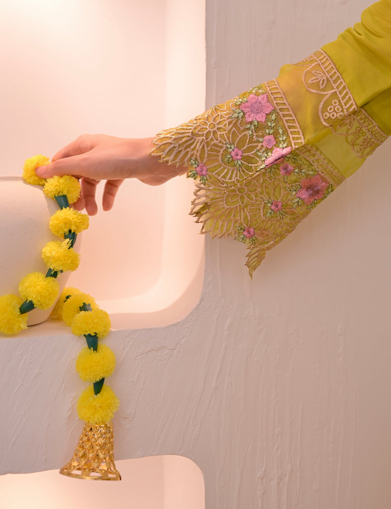 Greenish Yellow Mul Chanderi Pakistani Threadwork Suit