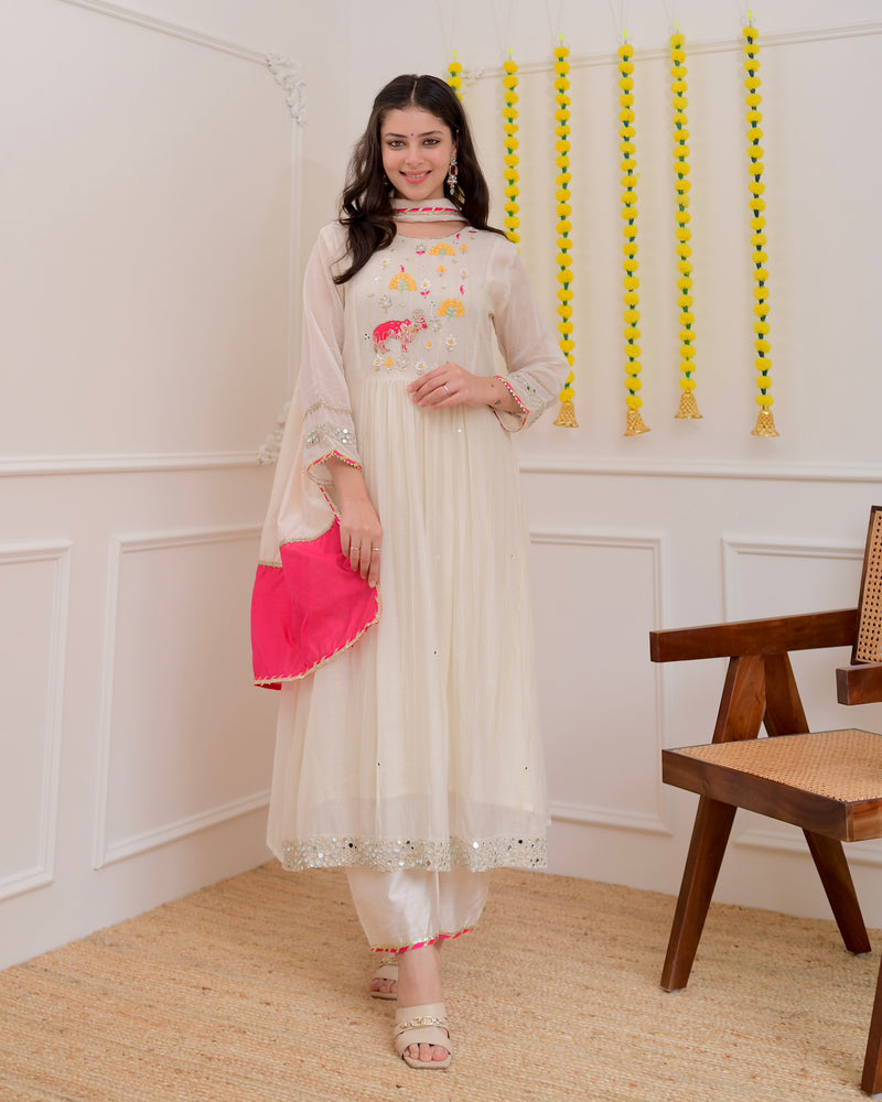 Pearl Meadow Handwork Mul Chanderi Festive Suit
