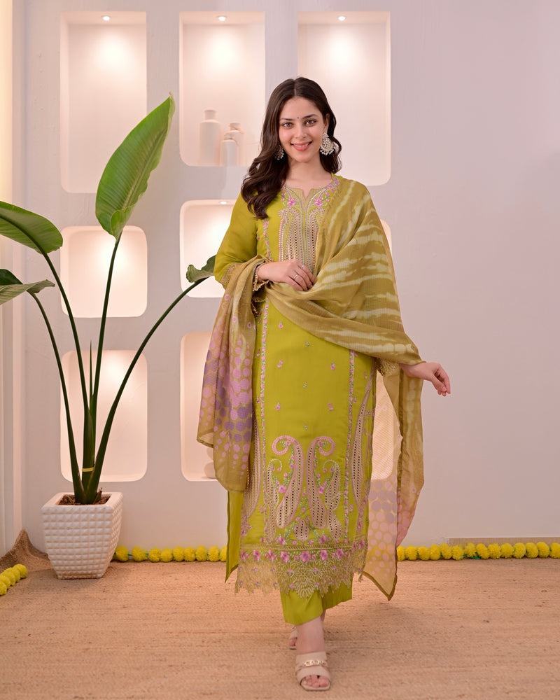 Greenish Yellow Mul Chanderi Pakistani Threadwork Suit