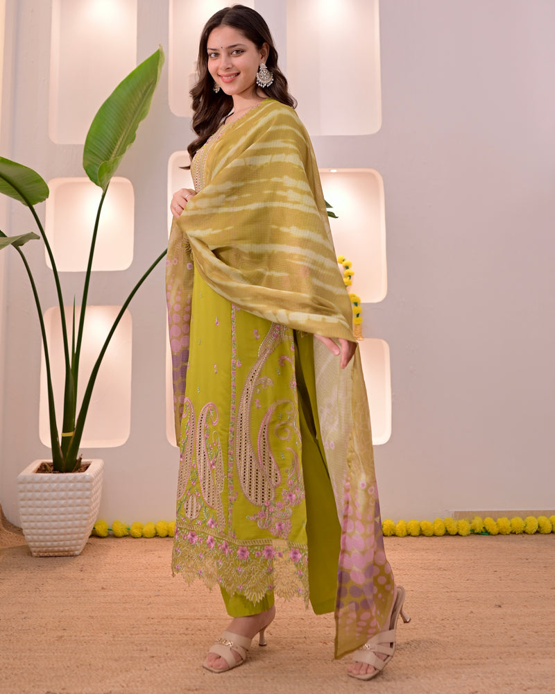 Greenish Yellow Mul Chanderi Pakistani Threadwork Suit