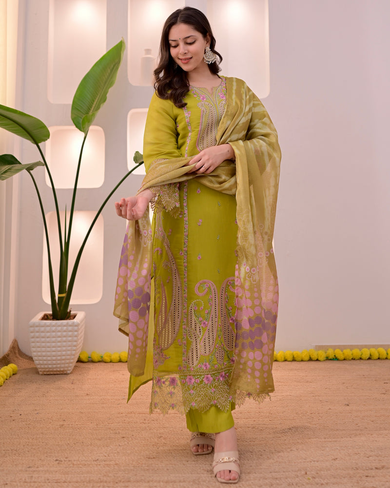 Greenish Yellow Mul Chanderi Pakistani Threadwork Suit