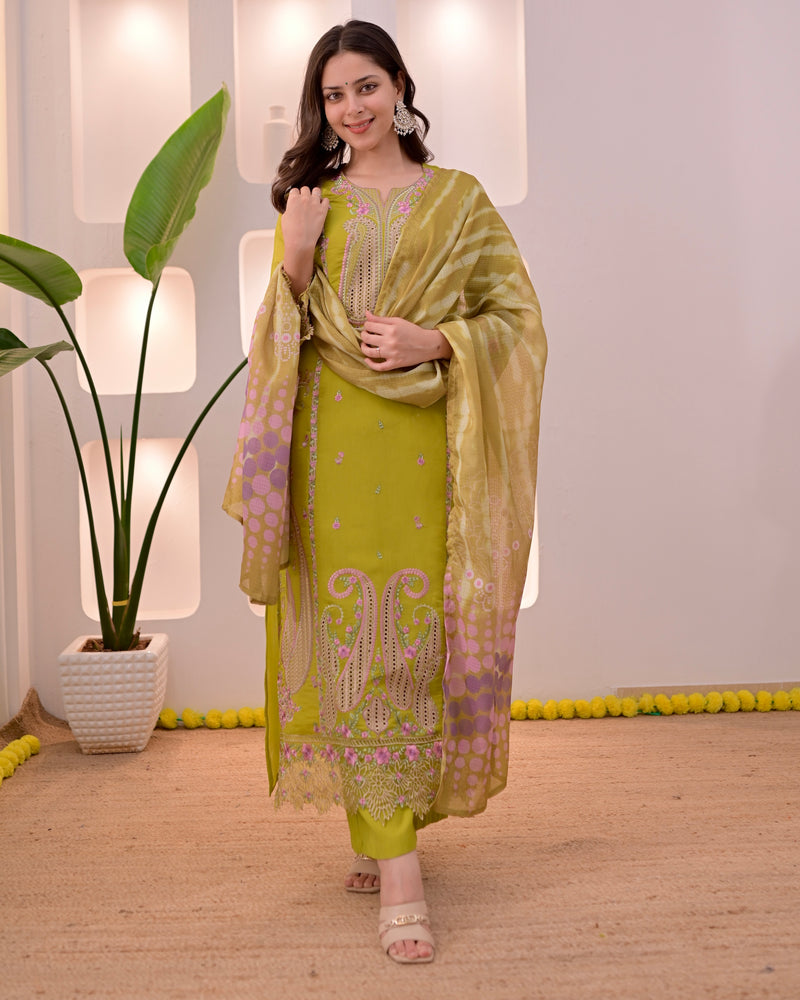 Greenish Yellow Mul Chanderi Pakistani Threadwork Suit