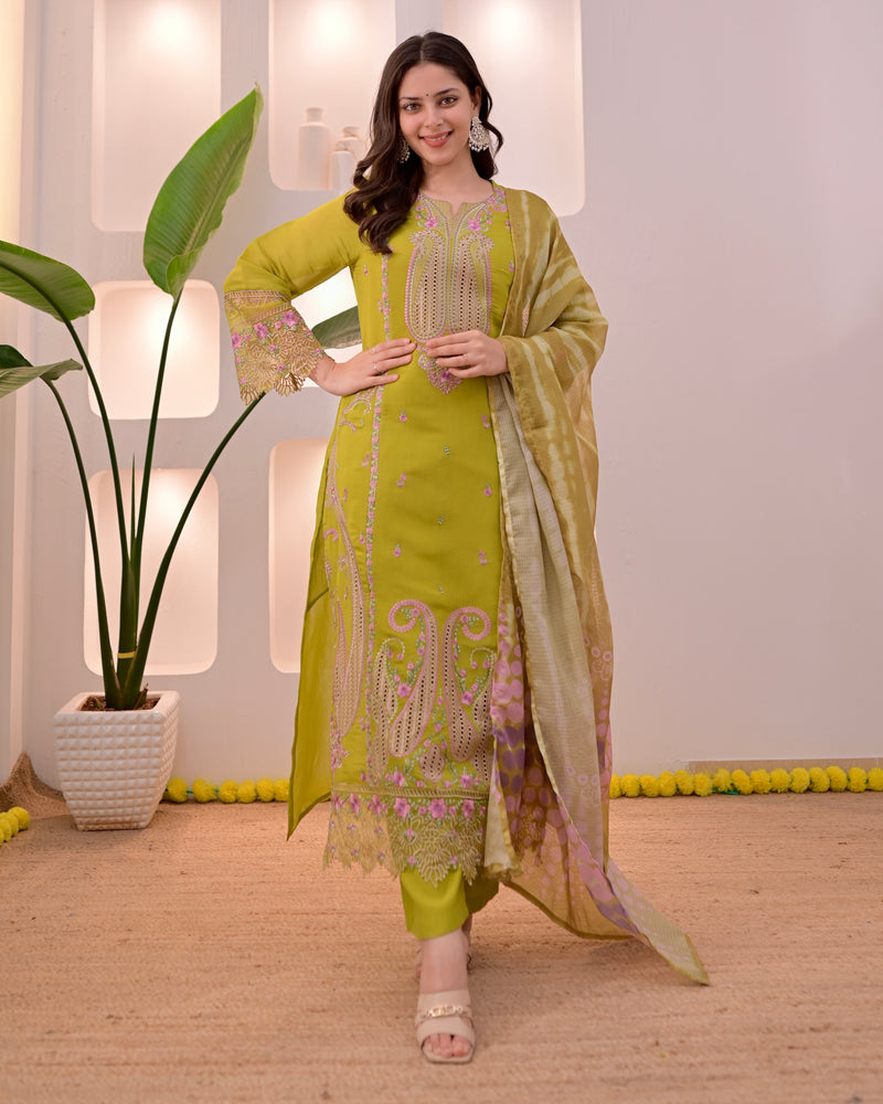 Greenish Yellow Mul Chanderi Pakistani Threadwork Suit