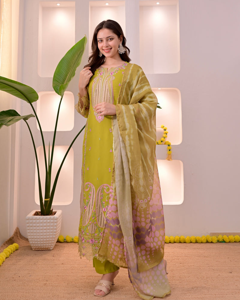 Greenish Yellow Mul Chanderi Pakistani Threadwork Suit