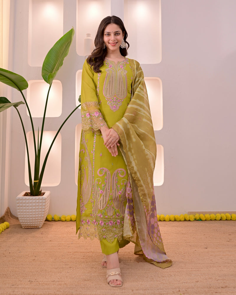 Greenish Yellow Mul Chanderi Pakistani Threadwork Suit