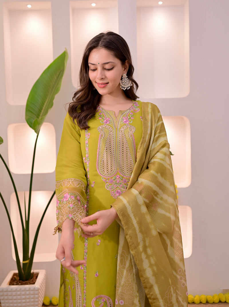 Greenish Yellow Mul Chanderi Pakistani Threadwork Suit