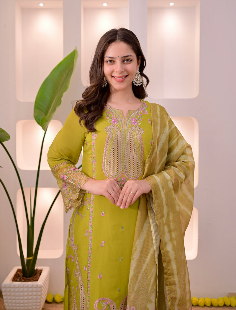 Greenish Yellow Mul Chanderi Pakistani Threadwork Suit