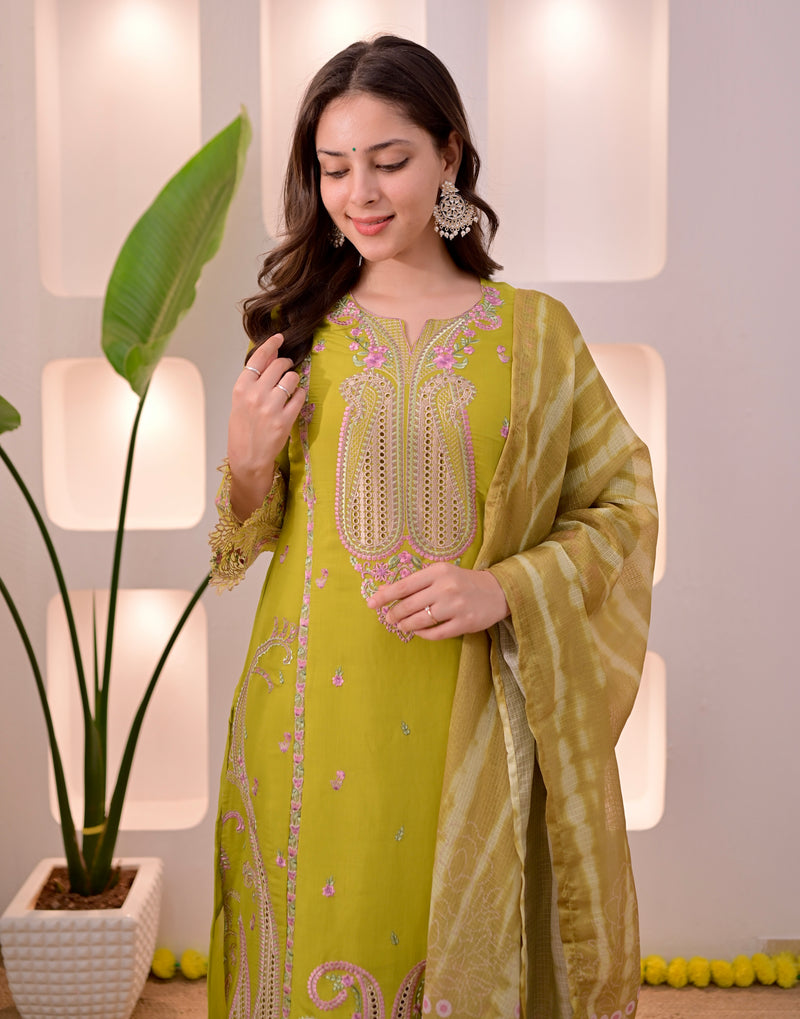 Greenish Yellow Mul Chanderi Pakistani Threadwork Suit