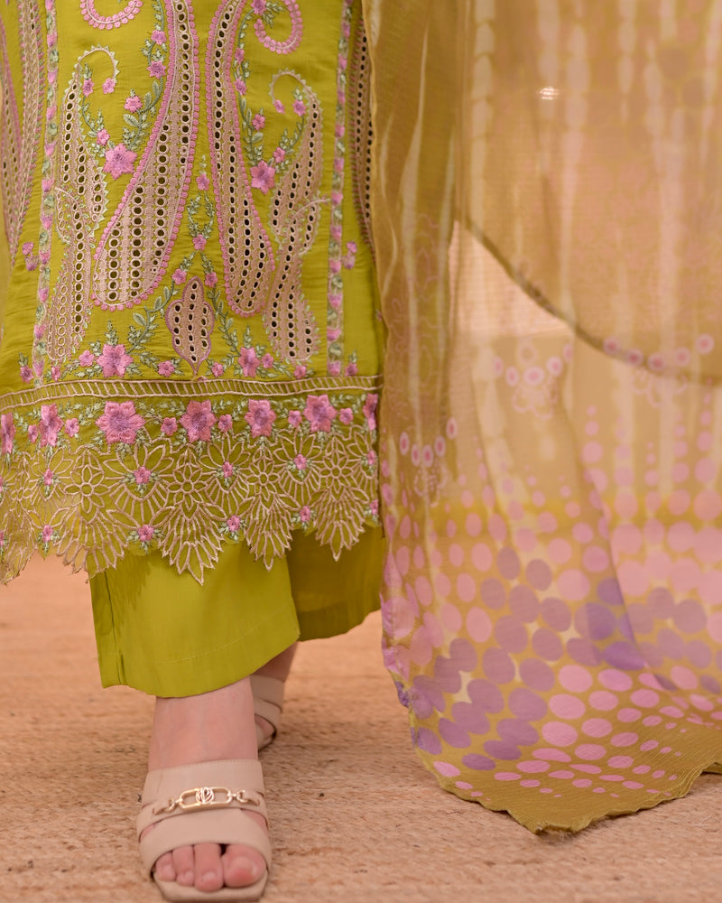 Greenish Yellow Mul Chanderi Pakistani Threadwork Suit