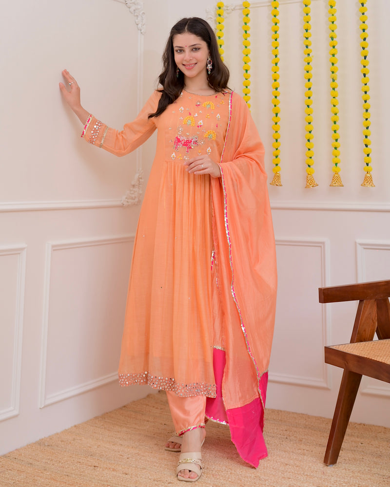 Peach Meadow Handwork Mul Chanderi Festive Suit